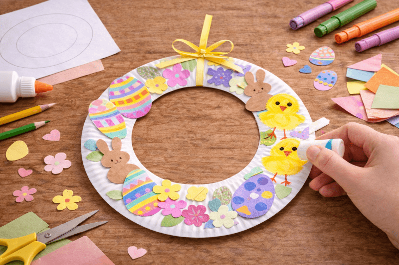 Velikonoční věnec z papíru a papírového talíře vytvořený dětmi