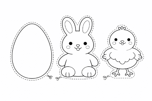 Černobílá velikonoční vystřihovací šablona s vajíčkem, zajíčkem a kuřátkem