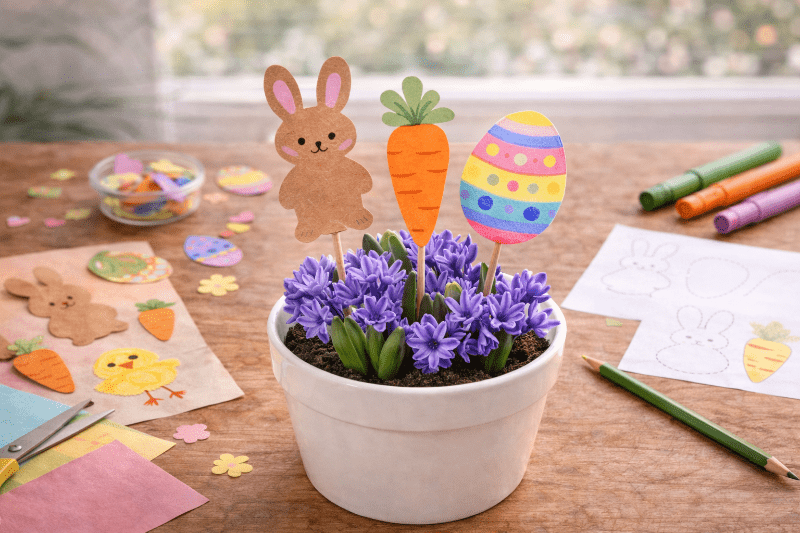 Velikonoční zápichy do květináče se zajíčkem, mrkví a vajíčkem
