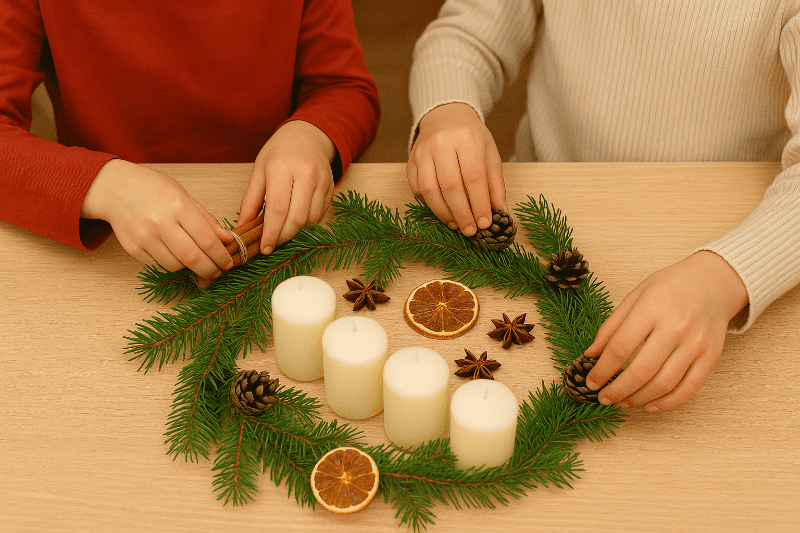 Děti vyrábějí adventní svícen z přírodnin krok za krokem.