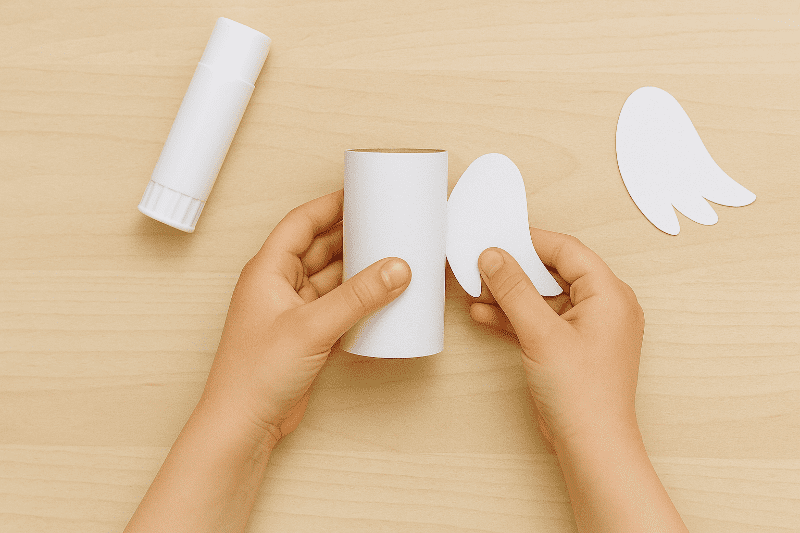 Dítě tvoří andílka z papírové ruličky – tvoření krok za krokem