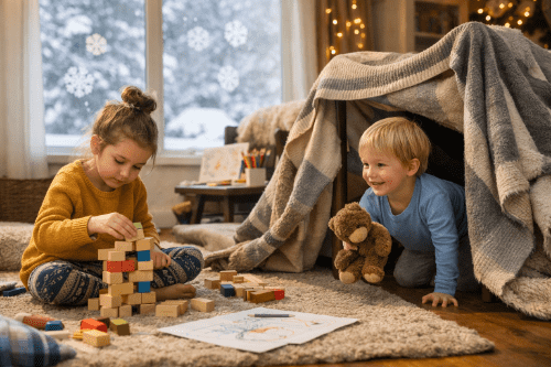 Dvě malé děti si hrají doma v zimě, staví ze dřevěných kostek a schovávají se v bunkru z dek