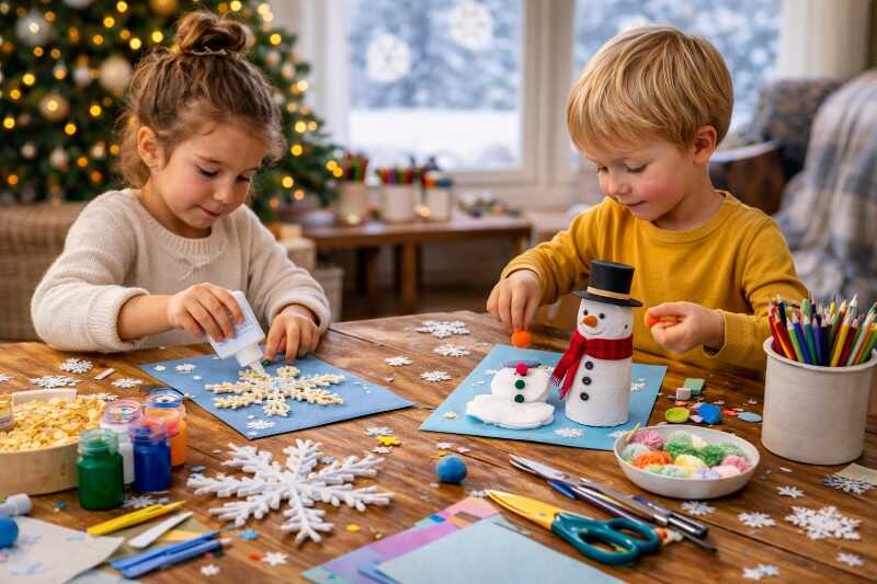 Zimní tvoření pro děti doma – výroba sněhuláků a sněhových vloček u stolu