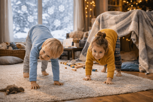 Děti doma v zimě napodobují zvířata a protahují se na koberci v obývacím pokoji