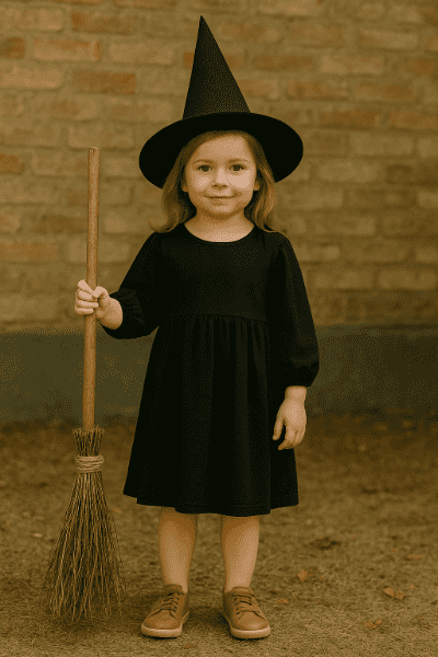 Dětský kostým čarodějnice s kloboukem a koštětem