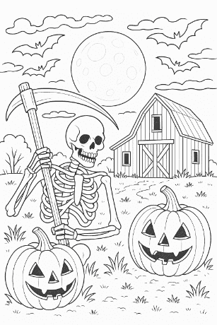 Strašidelný dům a smrtka – halloweenská omalovánka pro starší děti“