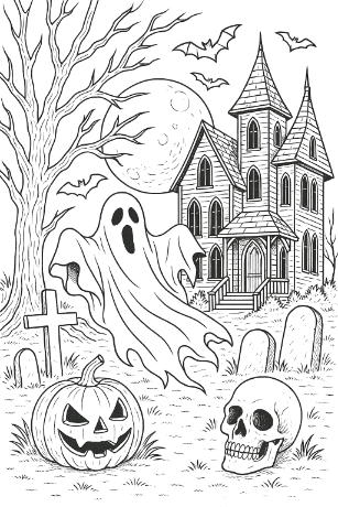 Strašidelný dům a duchové – halloweenská omalovánka pro starší děti“