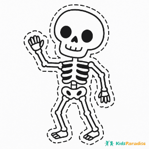Veselý kostlivec s mávající rukou – černobílá halloweenská vystřihovánka pro tisk