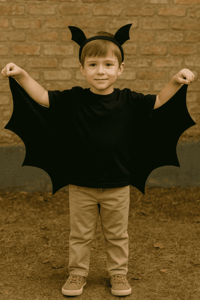 Dětský netopýr z černého trička a papírových křídel