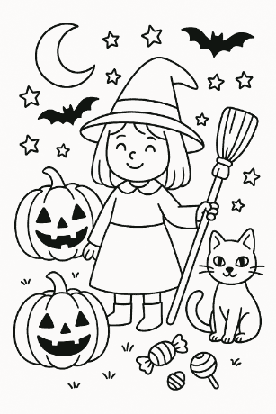 Usměvavá čarodějnice – omalovánka pro děti na Halloween